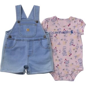 Girls' 2-Piece Short Sleeve Bee Print Bodysuit & Denim Shortall Set (Baby)